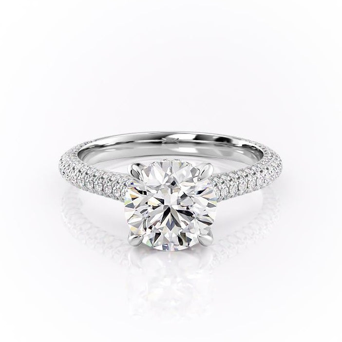 Round Cut Lab Diamond Engagement Ring, Pave Set Shoulders