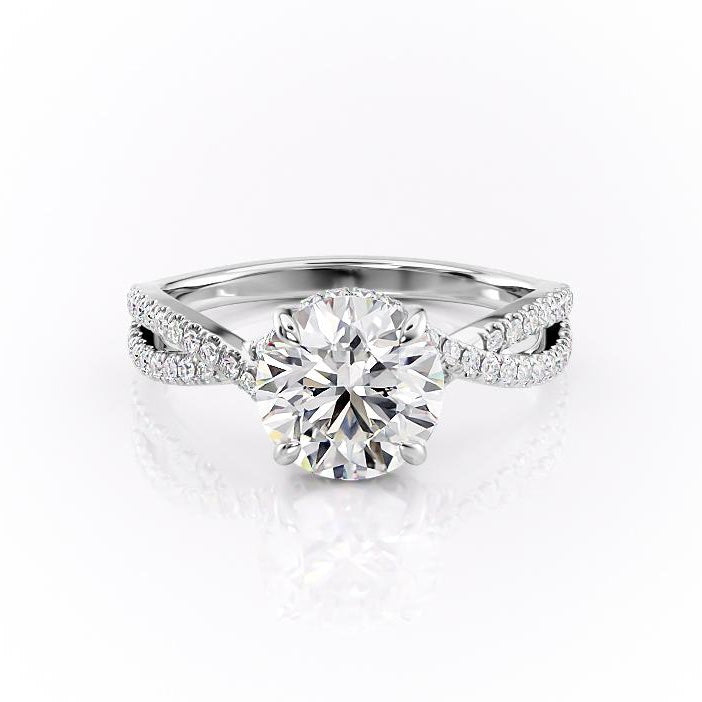 Round Cut Lab Diamond Engagement Ring, Twisted Stone Set Shoulders