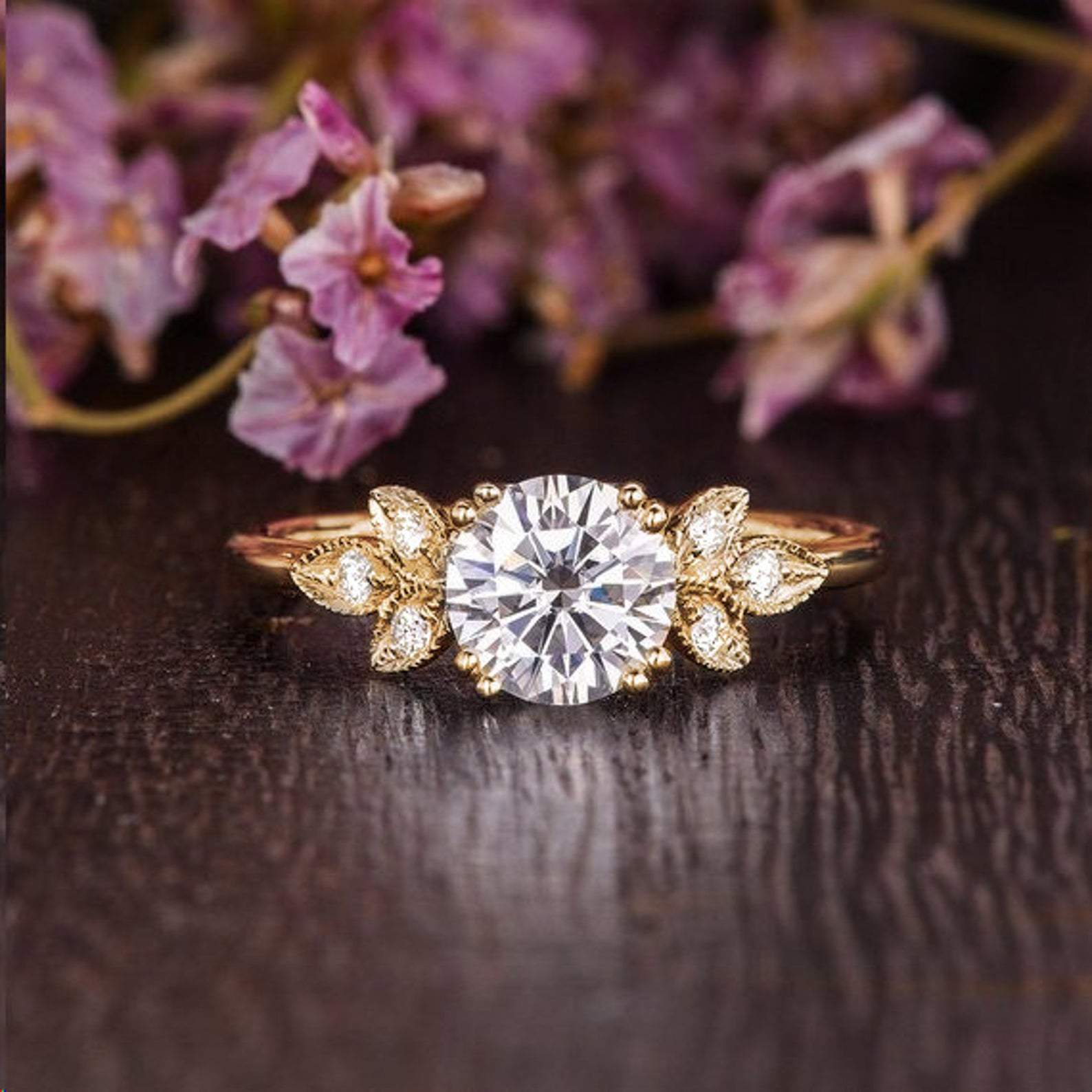 Round Cut Lab Diamond Engagement Ring, Unique Art Deco Design