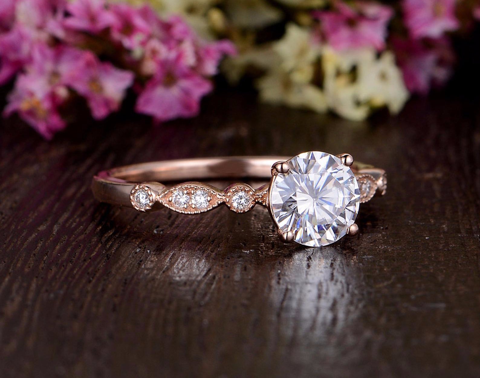Round Cut Lab Diamond Engagement Ring, Unique Vintage Design