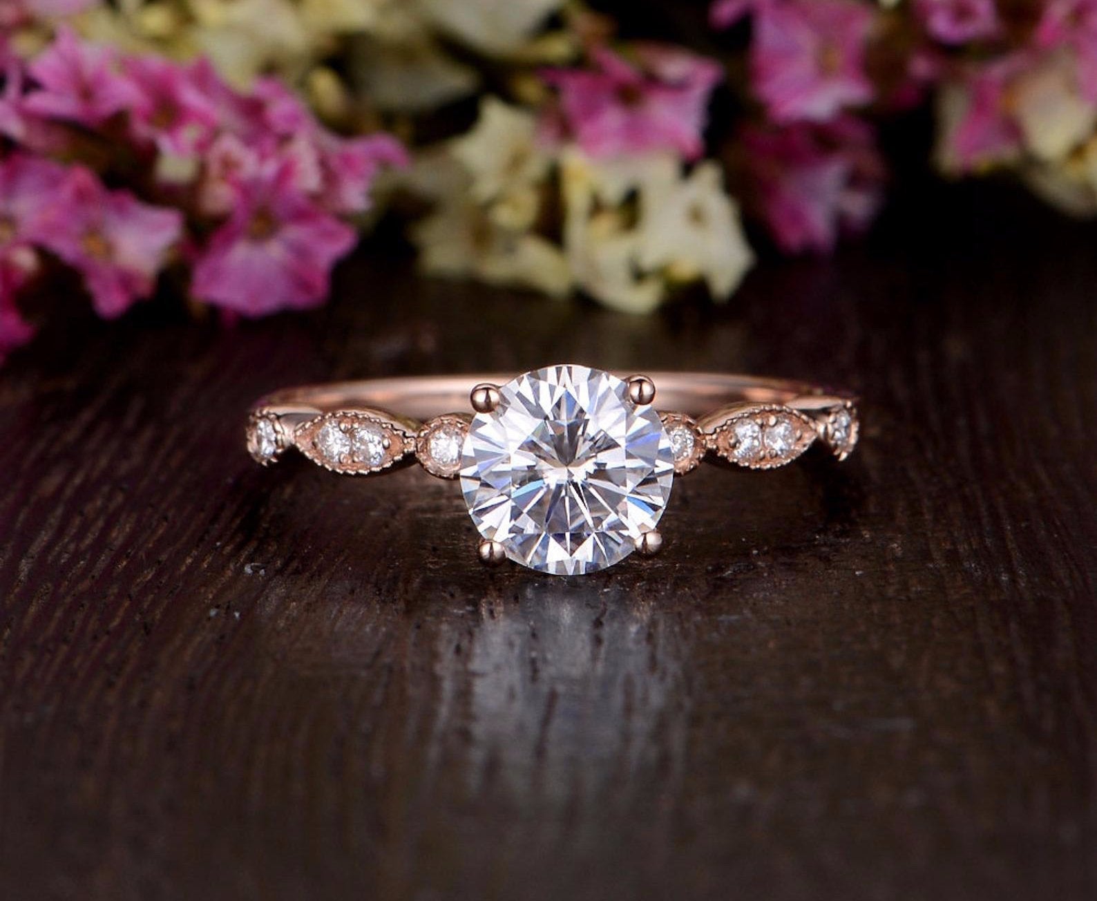 Round Cut Lab Diamond Engagement Ring, Unique Vintage Design