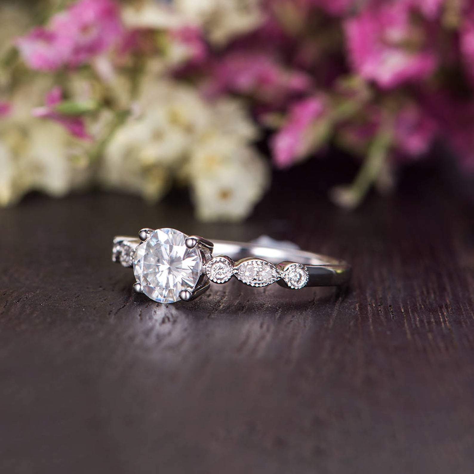 Round Cut Lab Diamond Engagement Ring, Vintage Design