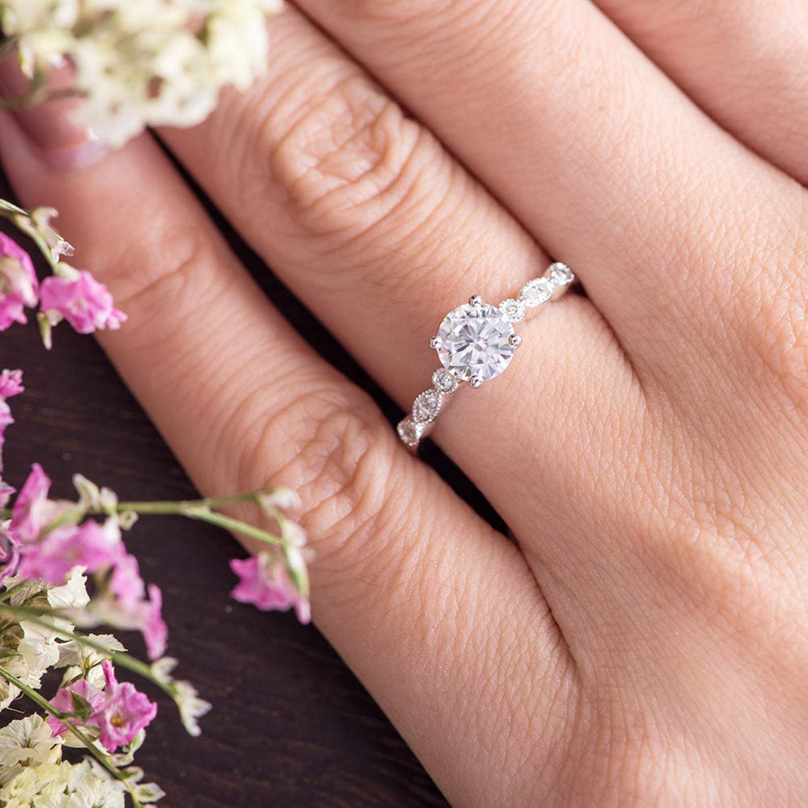 Round Cut Lab Diamond Engagement Ring, Vintage Design