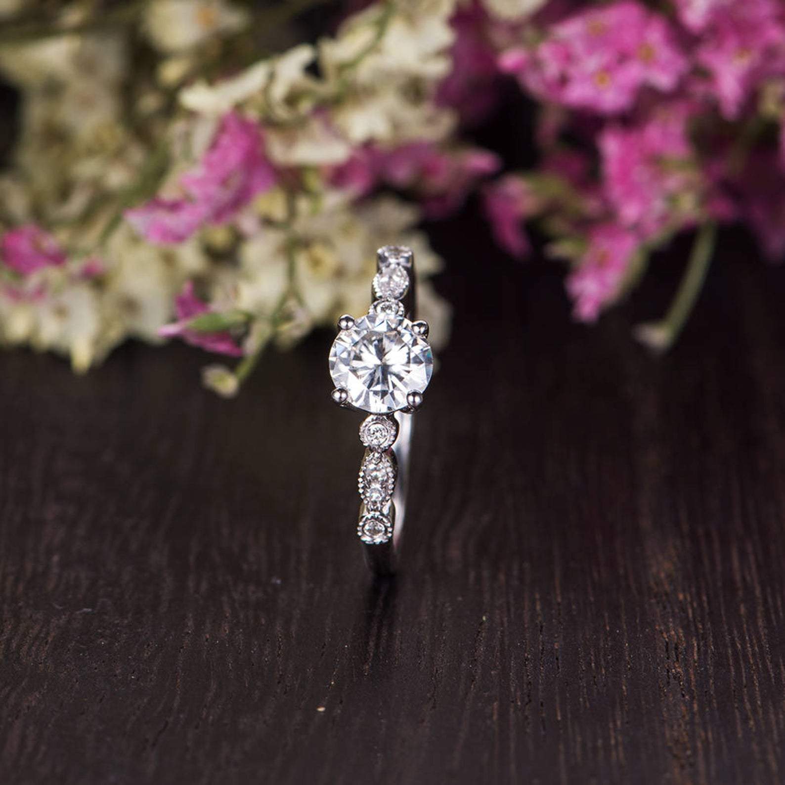 Round Cut Lab Diamond Engagement Ring, Vintage Design