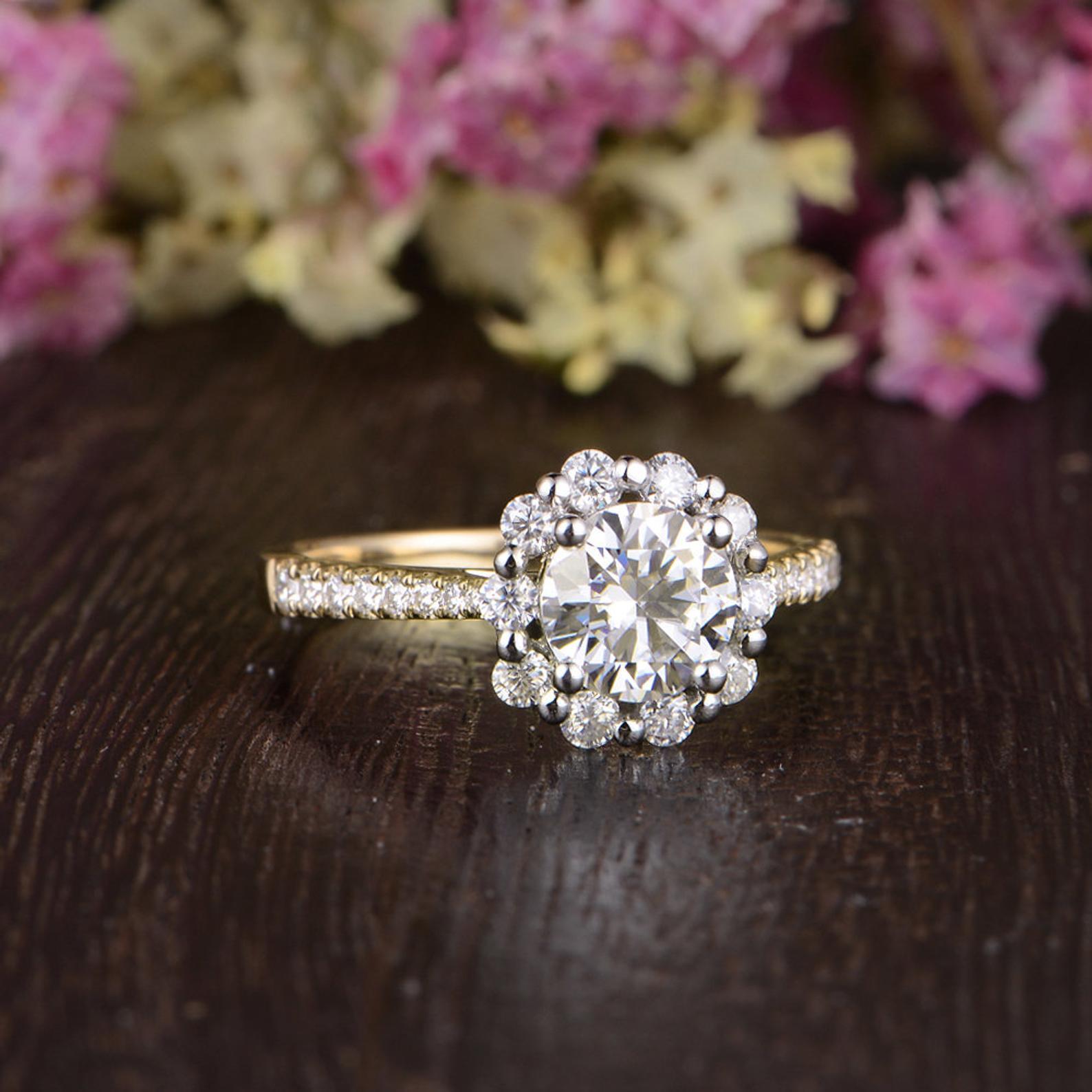 Round Cut Lab Diamond Engagement Ring, Vintage Halo Design