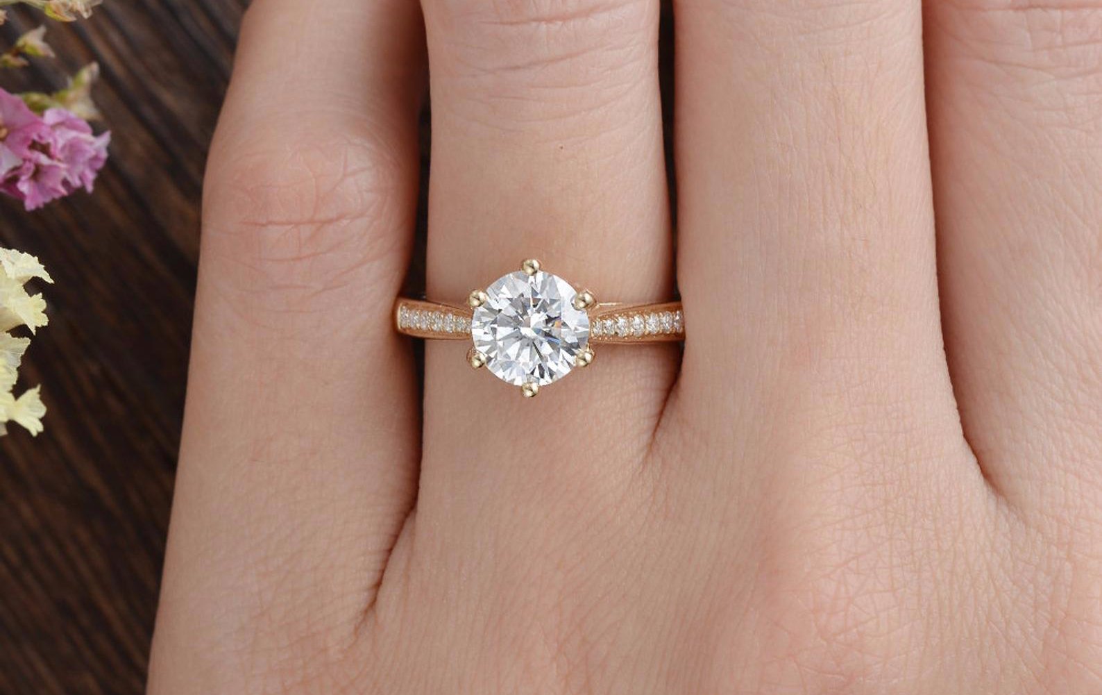 Round Cut Lab Diamond Engagement Ring, Vintage Six Claw Design