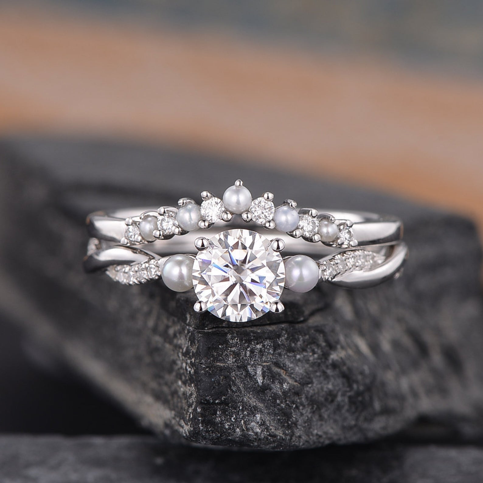 Round Cut Lab Diamond and Silver Pearl Ring set