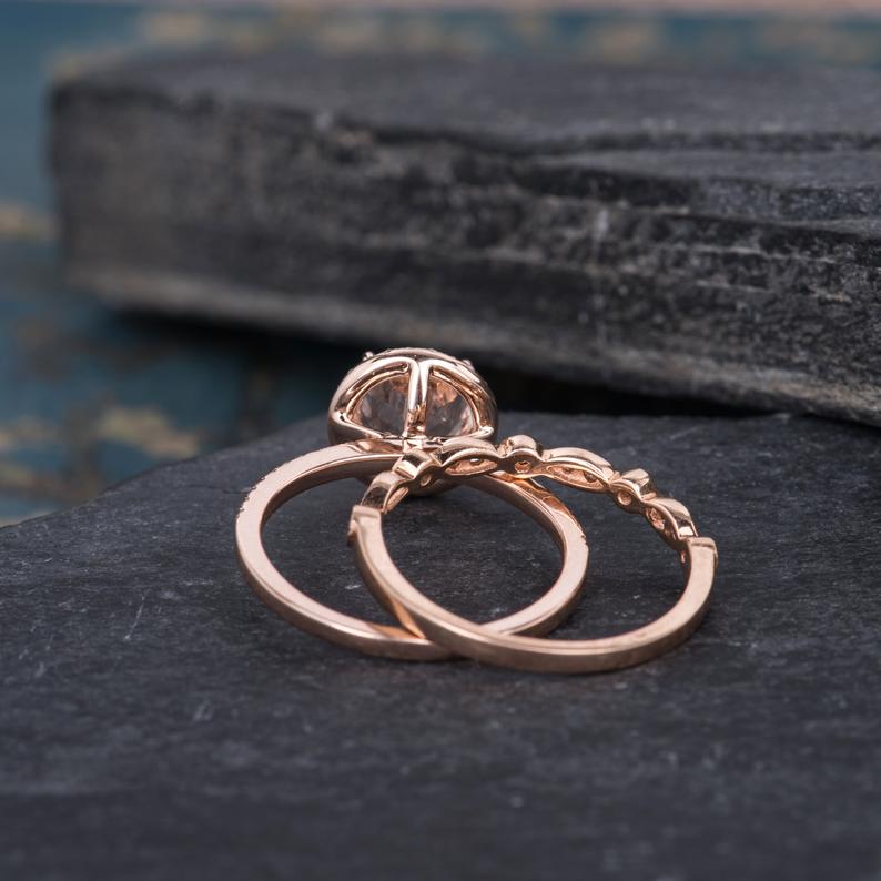 Round Cut Morganite & Lab Diamond Bridal Ring set