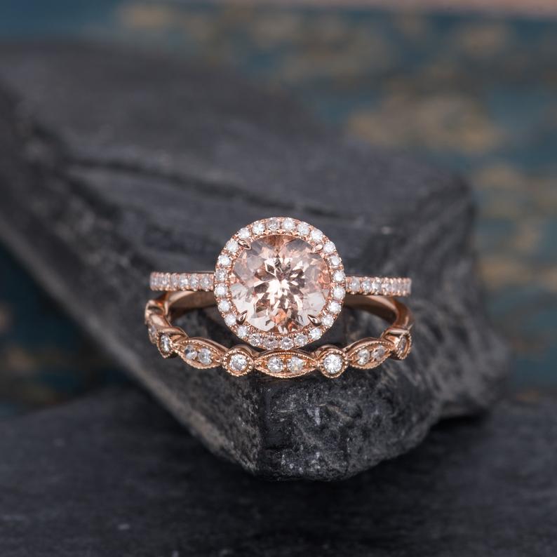 Round Cut Morganite & Lab Diamond Bridal Ring set