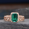 Vintage Inspired Emerald Bridal Ring Set, Emerald Cut