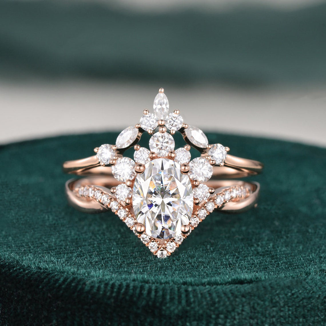Vintage Style Bridal Ring Set, Oval Cut Center Stone