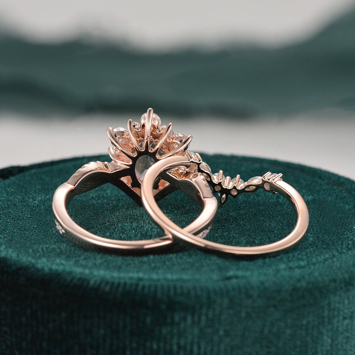 Vintage Style Bridal Ring Set, Oval Cut Center Stone