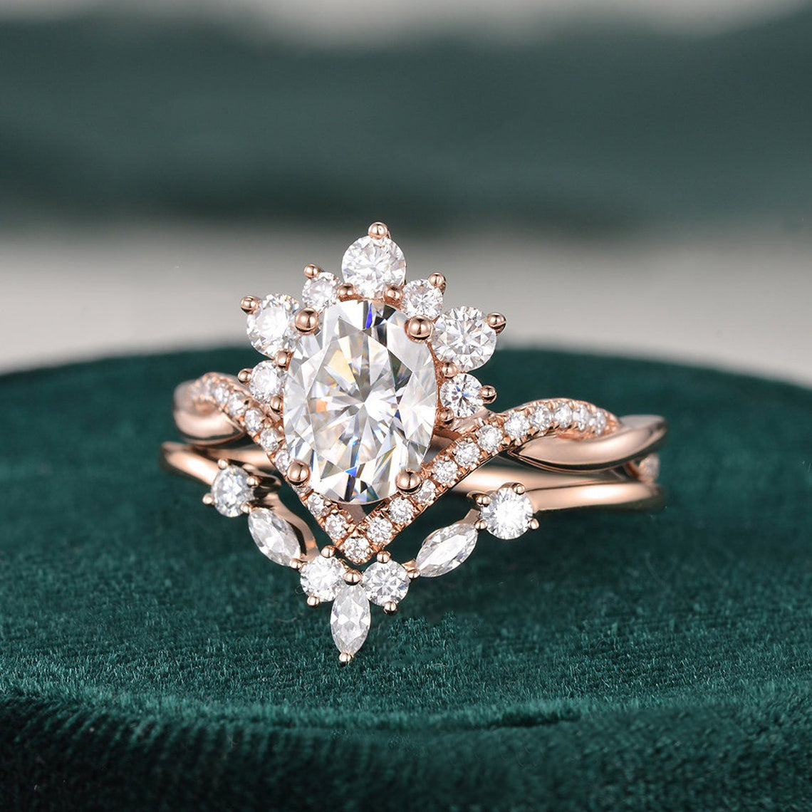 Vintage Style Bridal Ring Set, Oval Cut Center Stone