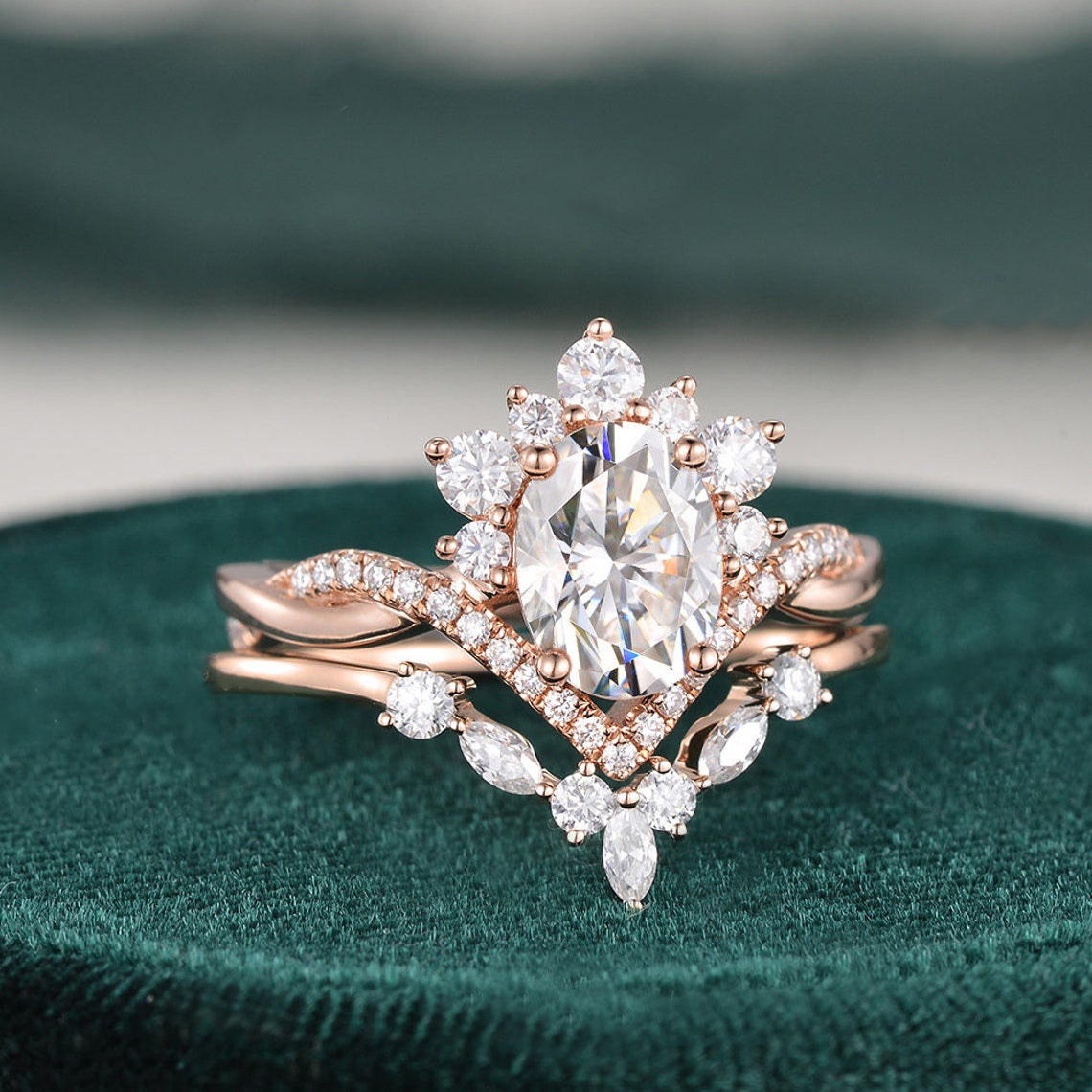 Vintage Style Bridal Ring Set, Oval Cut Center Stone