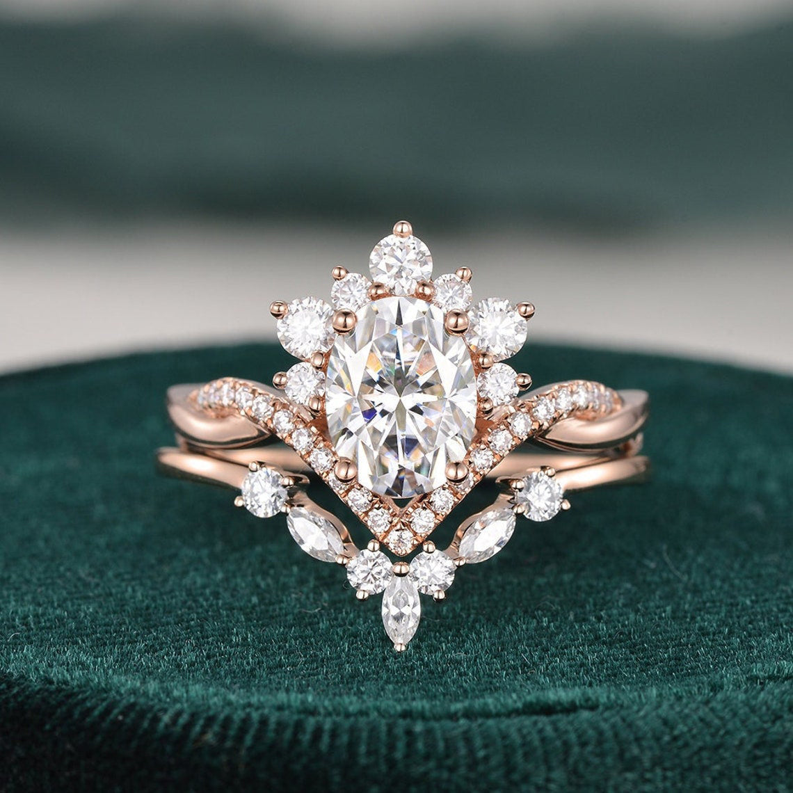 Vintage Style Bridal Ring Set, Oval Cut Center Stone