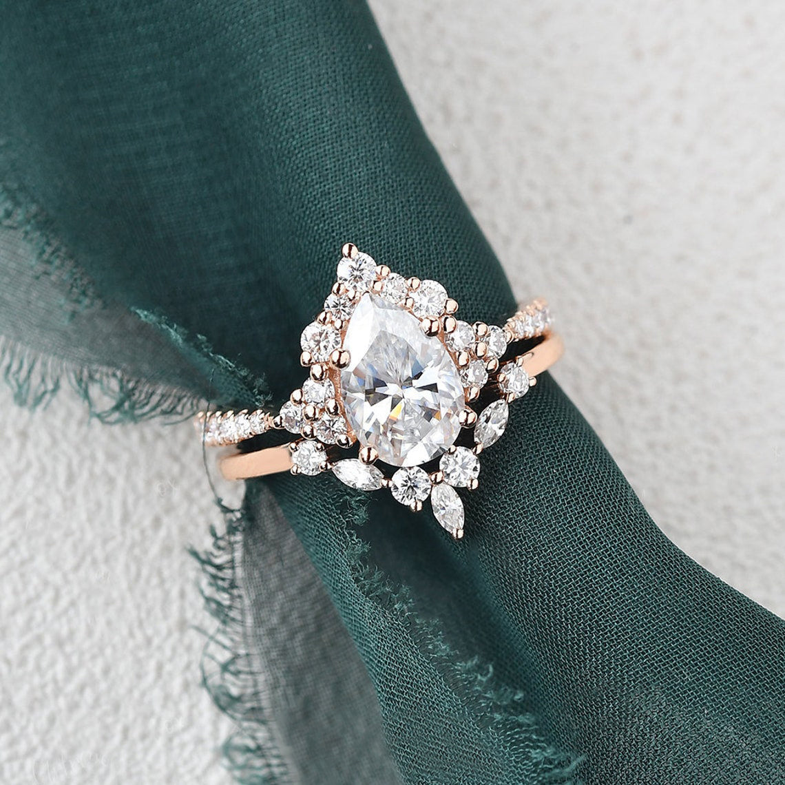 Vintage Style Bridal Ring Set, Pear Cut Center Stone