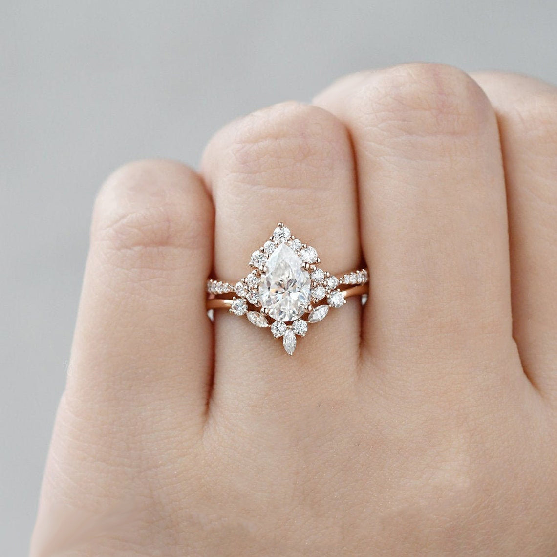 Vintage Style Bridal Ring Set, Pear Cut Center Stone
