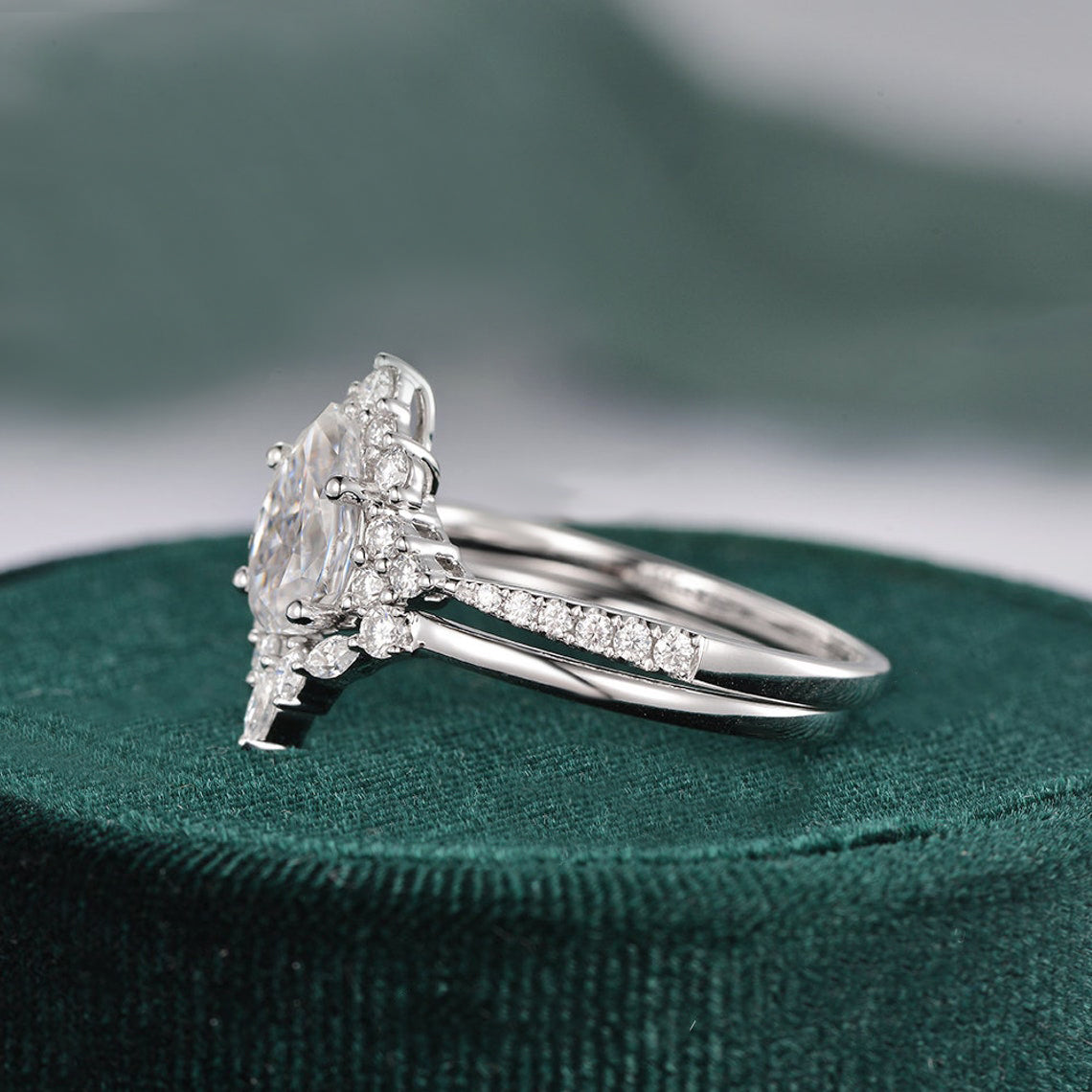 Vintage Style Bridal Ring Set, Pear Cut Center Stone