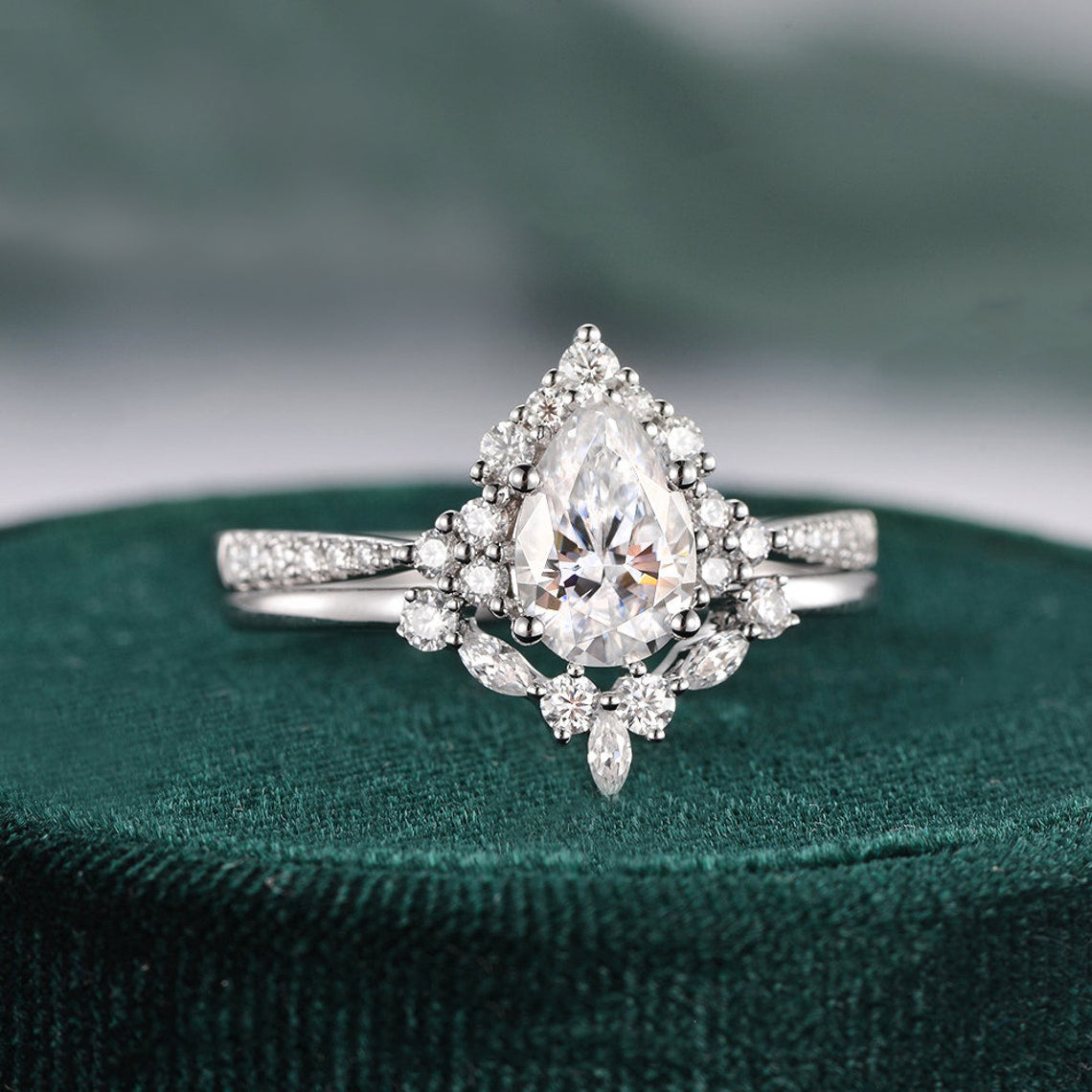 Vintage Style Bridal Ring Set, Pear Cut Center Stone