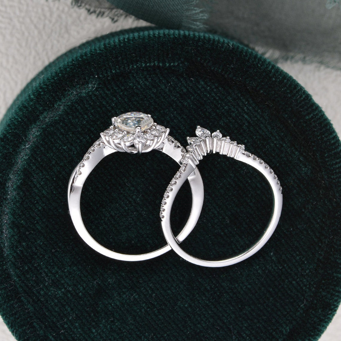 Vintage Style Bridal Ring Set, Pear Cut Center Stone
