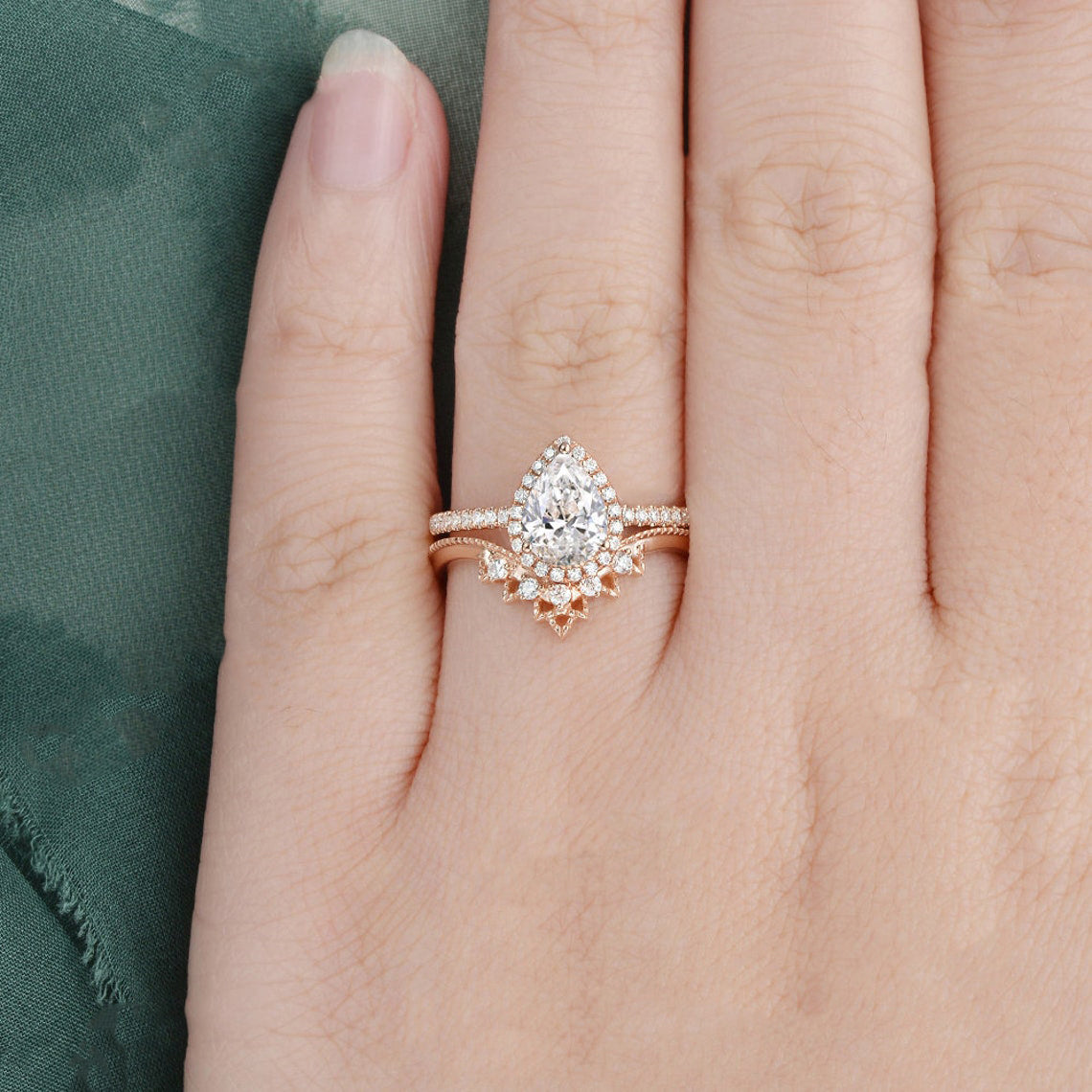 Vintage Style Bridal Ring Set, Pear Cut Center Stone