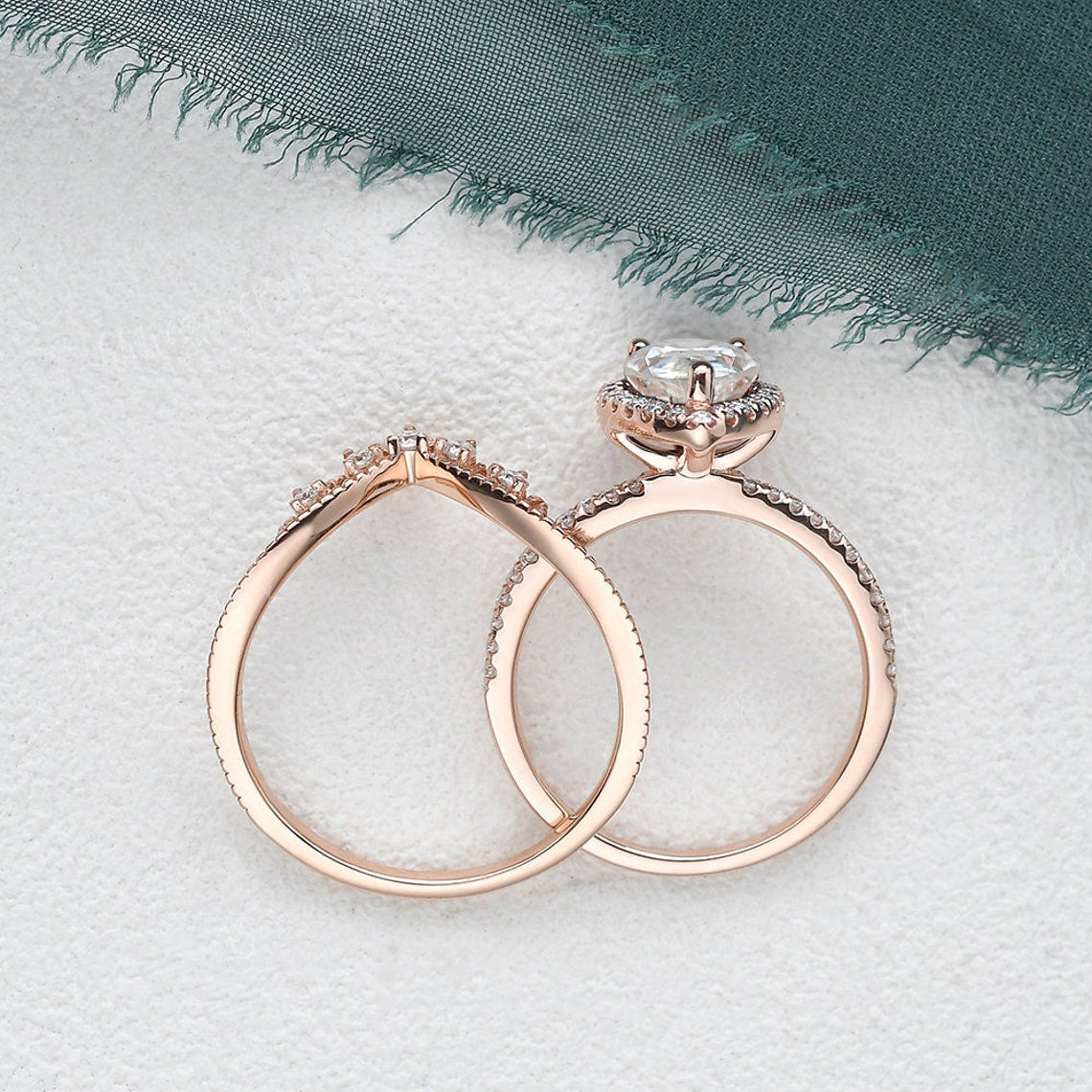 Vintage Style Bridal Ring Set, Pear Cut Center Stone