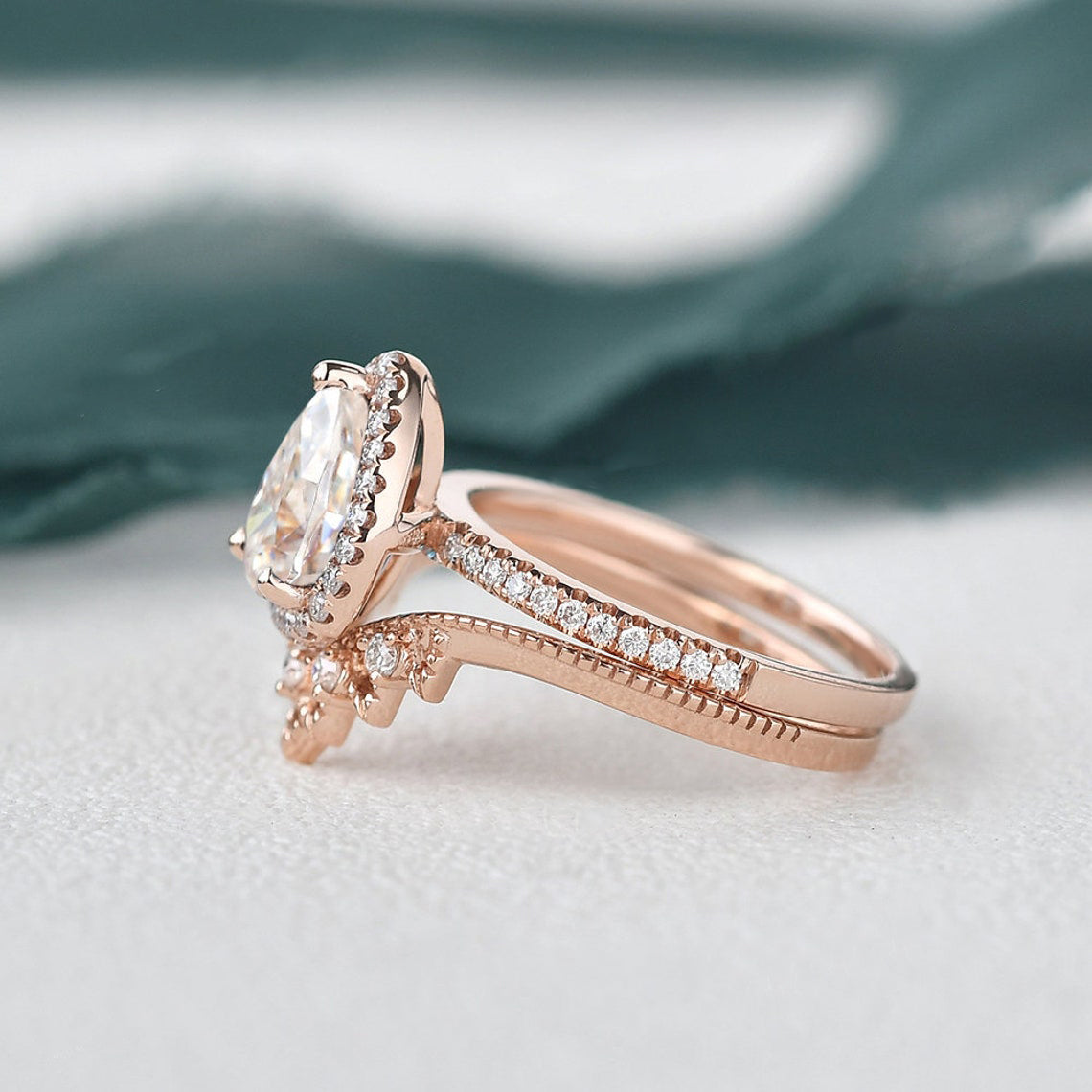Vintage Style Bridal Ring Set, Pear Cut Center Stone