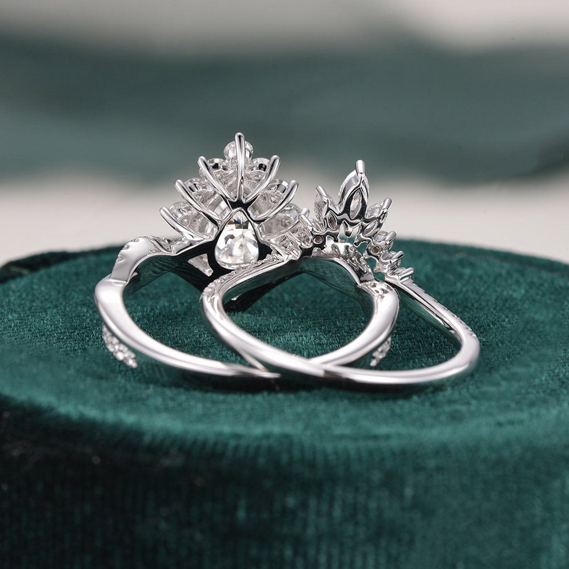 Vintage Style Bridal Ring Set, Pear Cut Center Stone