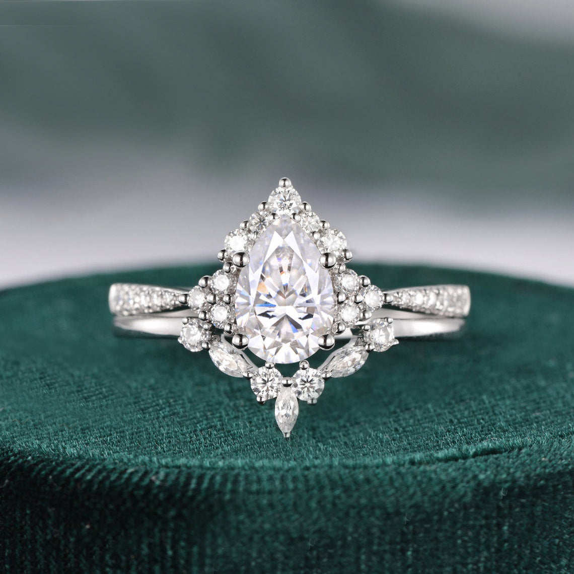 Vintage Style Bridal Ring Set, Pear Cut Center Stone
